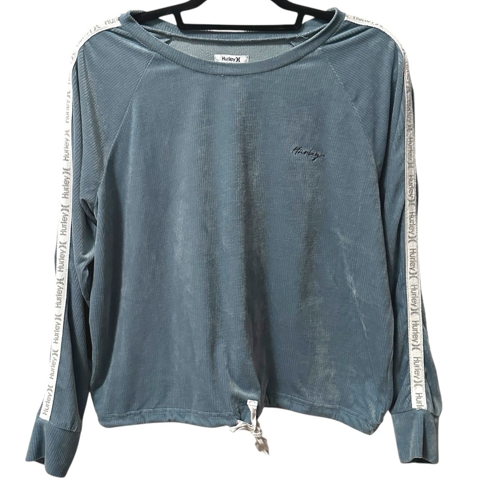 Hurley‎ Women's Ribbed Velour Pullover Top Drawstring Blue M Athleisure Lounge
